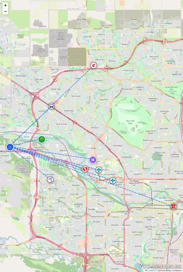 Daily accessibility map for 45 VALLEY CREEK RD NW, Calgary showing nearby schools, grocery stores, parks, LRT stations and nearby amenities