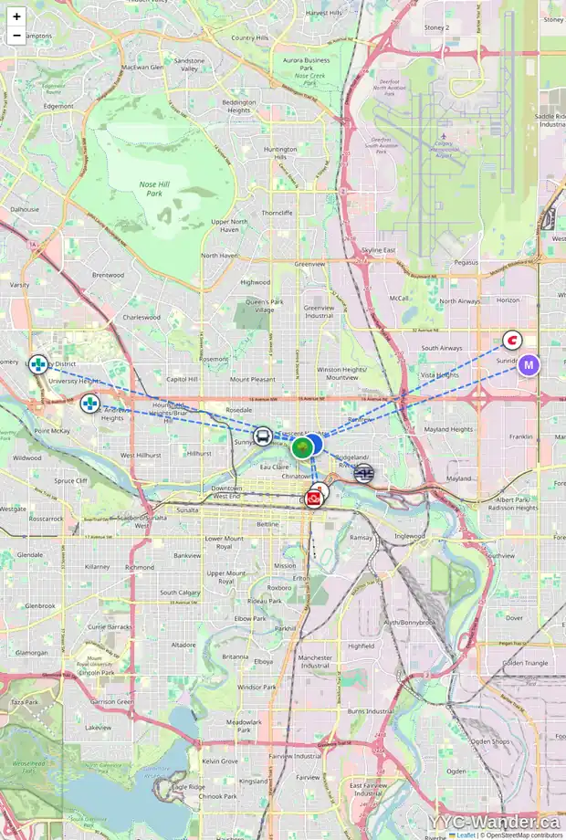 Daily accessibility map for 203 239 6 AV NE, Calgary showing nearby schools, grocery stores, parks, LRT stations and nearby amenities