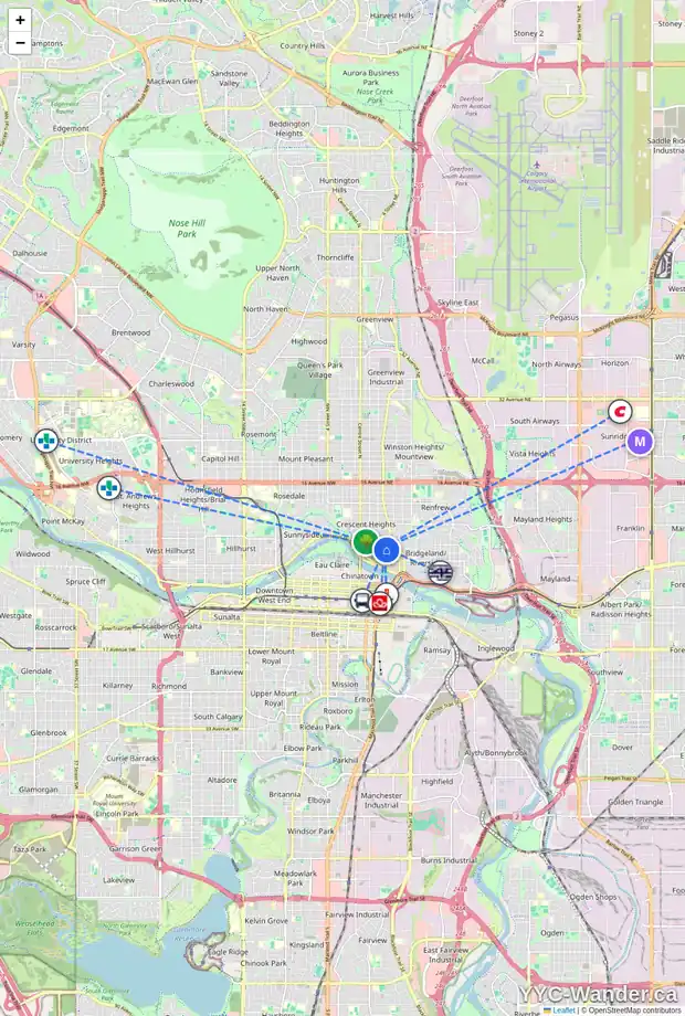Daily accessibility map for 334 3 AV NE, Calgary showing nearby schools, grocery stores, parks, LRT stations and nearby amenities