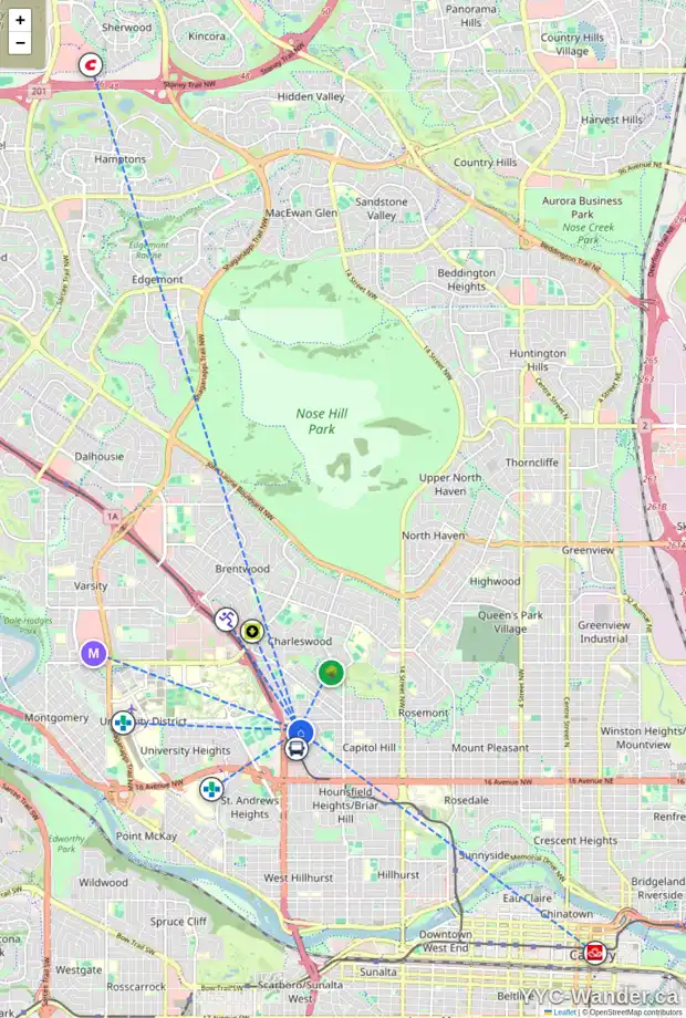 Daily accessibility map for 2440 23 ST NW, Calgary showing nearby schools, grocery stores, parks, LRT stations and nearby amenities