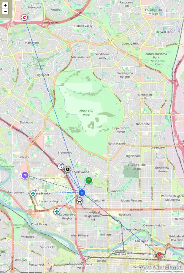 Daily accessibility map for 2321 25 AV NW, Calgary showing nearby schools, grocery stores, parks, LRT stations and nearby amenities