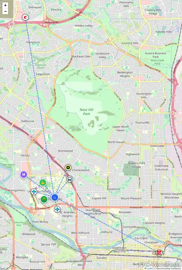 Daily accessibility map for 2240 UXBRIDGE DR NW, Calgary showing nearby schools, grocery stores, parks, LRT stations and nearby amenities