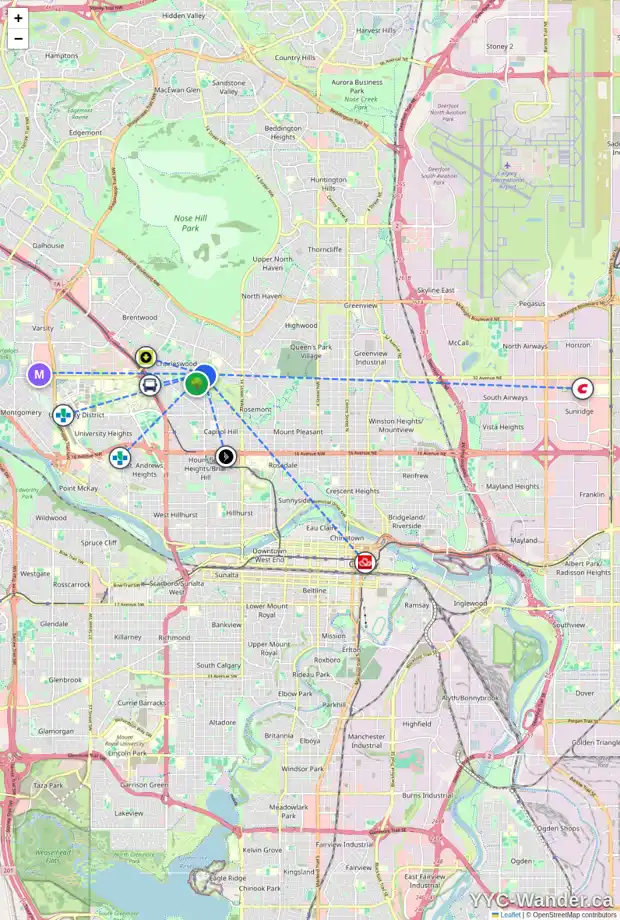 Daily accessibility map for 3332 CARIBOU DR NW, Calgary showing nearby schools, grocery stores, parks, LRT stations and nearby amenities