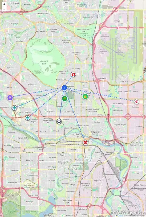 Daily accessibility map for 47 HESTON ST NW, Calgary showing nearby schools, grocery stores, parks, LRT stations and nearby amenities