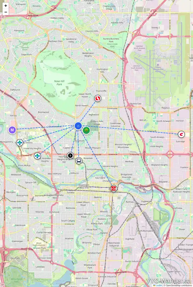 Daily accessibility map for 30 CONNAUGHT DR NW, Calgary showing nearby schools, grocery stores, parks, LRT stations and nearby amenities