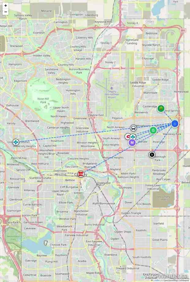 Daily accessibility map for 241 LOS ALAMOS PL NE, Calgary showing nearby schools, grocery stores, parks, LRT stations and nearby amenities