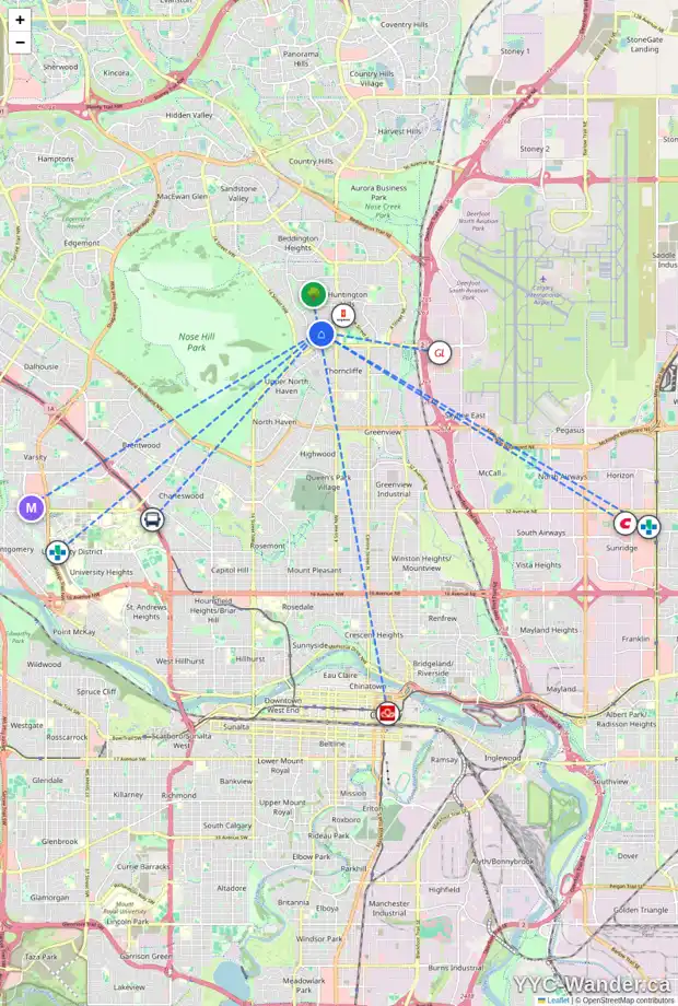 Daily accessibility map for 704 HUNTS CR NW, Calgary showing nearby schools, grocery stores, parks, LRT stations and nearby amenities