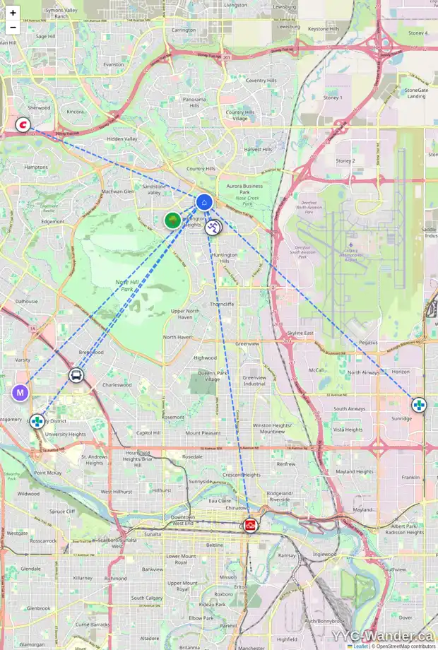 Daily accessibility map for 71 BERNARD DR NW, Calgary showing nearby schools, grocery stores, parks, LRT stations and nearby amenities