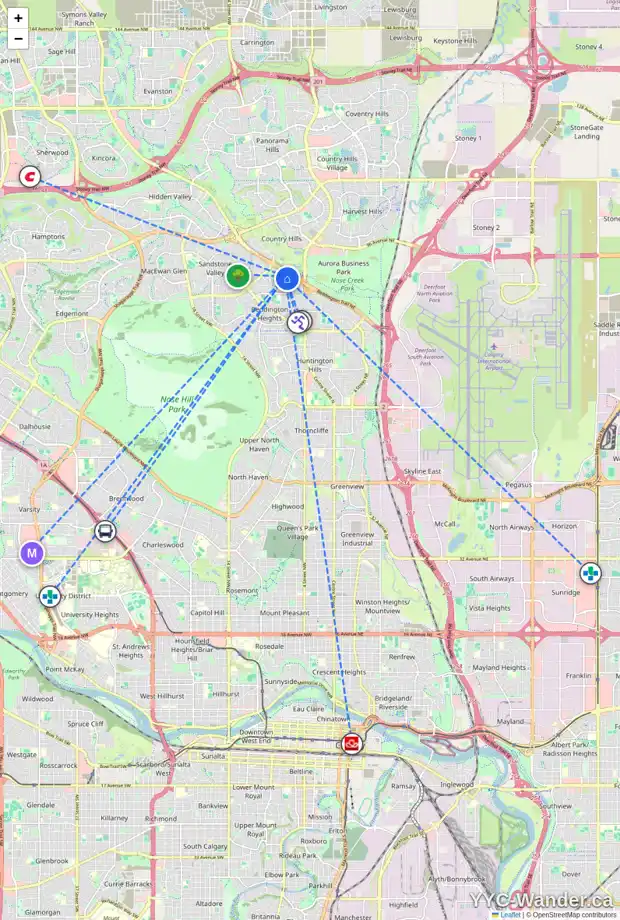 Daily accessibility map for 212 BERNARD ME NW, Calgary showing nearby schools, grocery stores, parks, LRT stations and nearby amenities