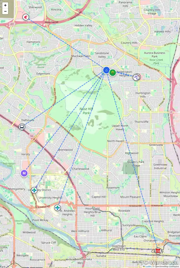 Daily accessibility map for 284 BERWICK DR NW, Calgary showing nearby schools, grocery stores, parks, LRT stations and nearby amenities