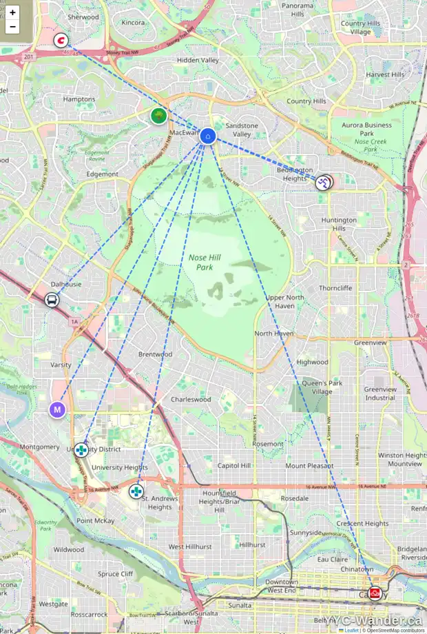 Daily accessibility map for 40 MACEWAN PARK LI NW, Calgary showing nearby schools, grocery stores, parks, LRT stations and nearby amenities