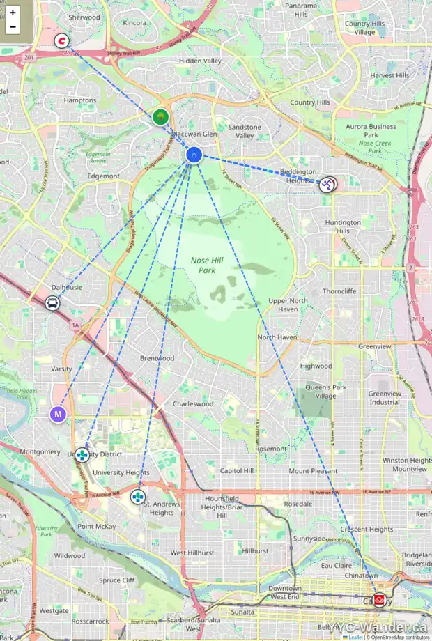 Daily accessibility map for 209 MACEWAN GLEN DR NW, Calgary showing nearby schools, grocery stores, parks, LRT stations and nearby amenities