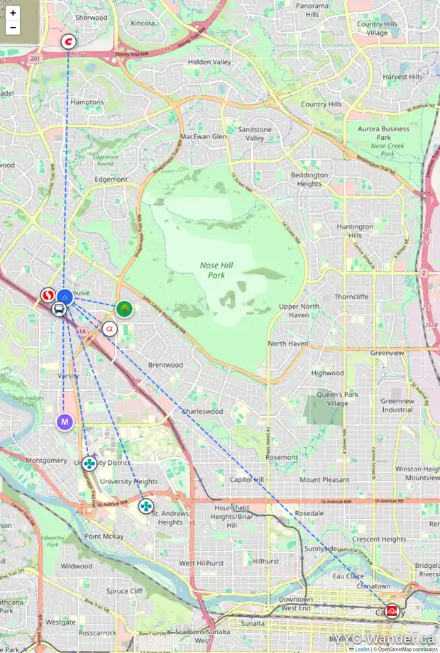 Daily accessibility map for 4820 DALHOUSIE DR NW, Calgary showing nearby schools, grocery stores, parks, LRT stations and nearby amenities