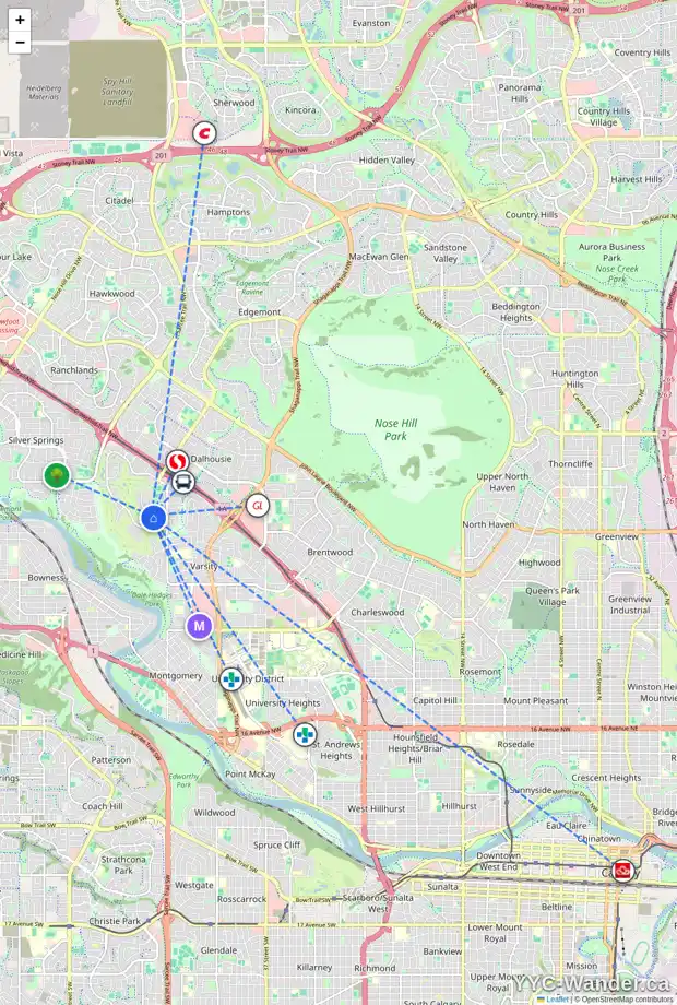 Daily accessibility map for 1109 VARSITY ESTATES RI NW, Calgary showing nearby schools, grocery stores, parks, LRT stations and nearby amenities
