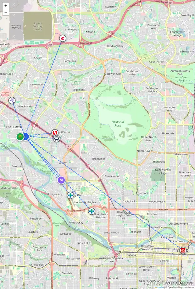 Daily accessibility map for 57 27 SILVER SPRINGS DR NW, Calgary showing nearby schools, grocery stores, parks, LRT stations and nearby amenities