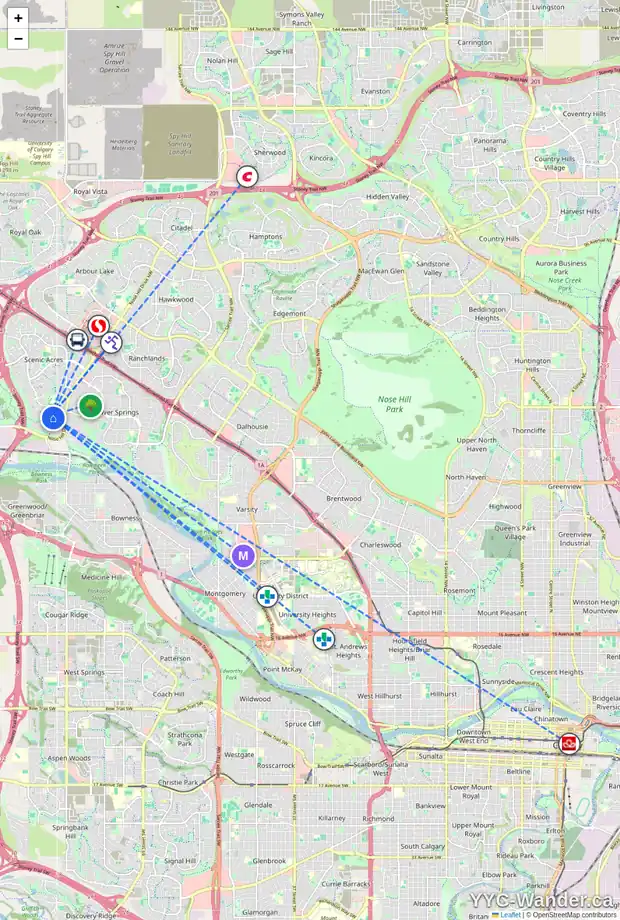 Daily accessibility map for 523 SCIMITAR BA NW, Calgary showing nearby schools, grocery stores, parks, LRT stations and nearby amenities