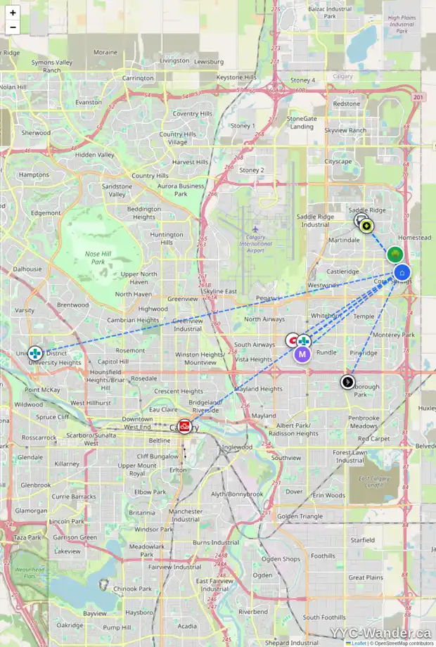 Daily accessibility map for 307 CORAL REEF MR NE, Calgary showing nearby schools, grocery stores, parks, LRT stations and nearby amenities