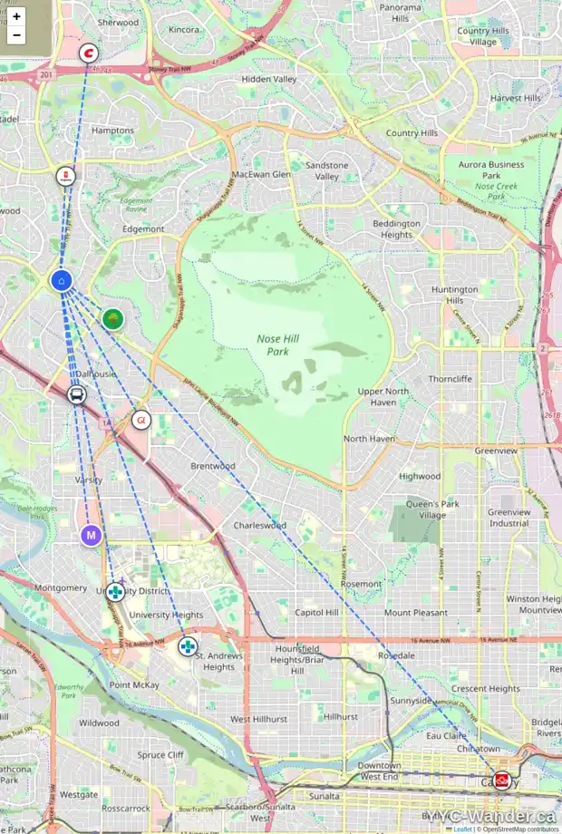 Daily accessibility map for 60 EDGEHILL RI NW, Calgary showing nearby schools, grocery stores, parks, LRT stations and nearby amenities