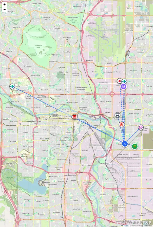 Daily accessibility map for 3608 DOVER RIDGE DR SE, Calgary showing nearby schools, grocery stores, parks, LRT stations and nearby amenities
