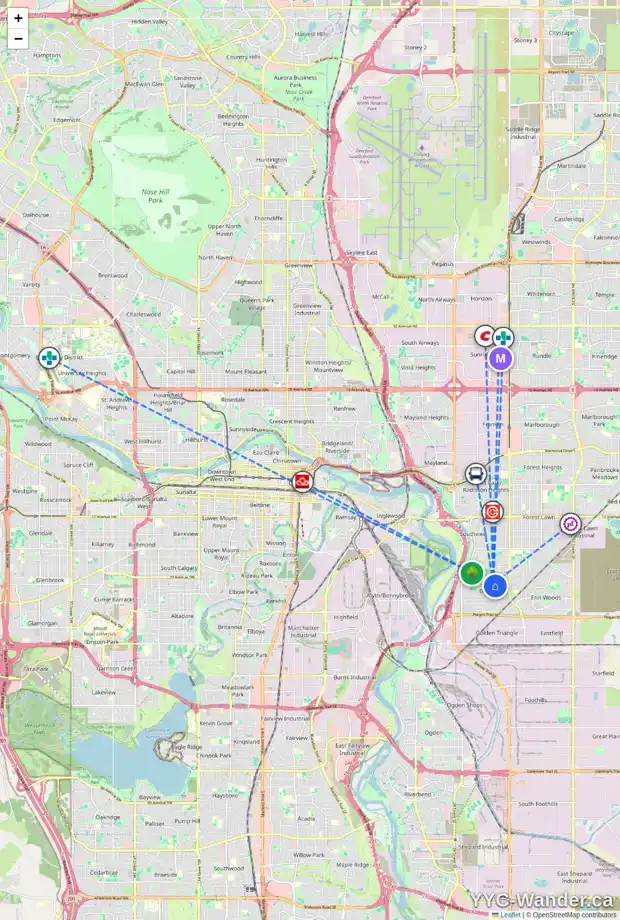 Daily accessibility map for 3422 35 AV SE, Calgary showing nearby schools, grocery stores, parks, LRT stations and nearby amenities