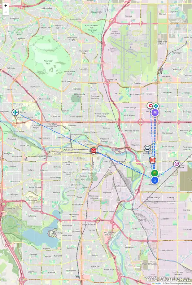 Daily accessibility map for 3261 32A AV SE, Calgary showing nearby schools, grocery stores, parks, LRT stations and nearby amenities