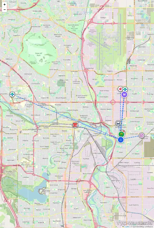 Daily accessibility map for 2049 33 ST SE, Calgary showing nearby schools, grocery stores, parks, LRT stations and nearby amenities