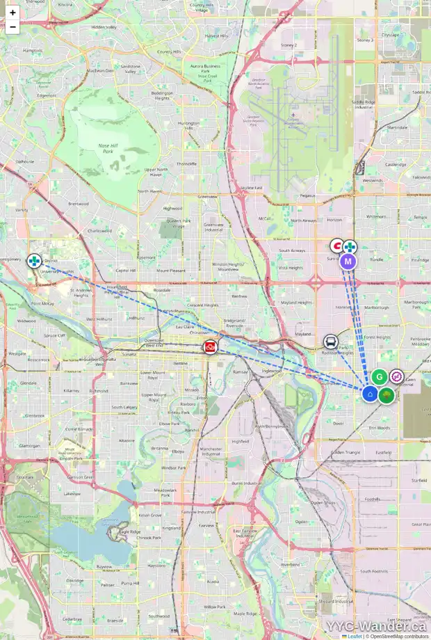 Daily accessibility map for 2618 41 ST SE, Calgary showing nearby schools, grocery stores, parks, LRT stations and nearby amenities
