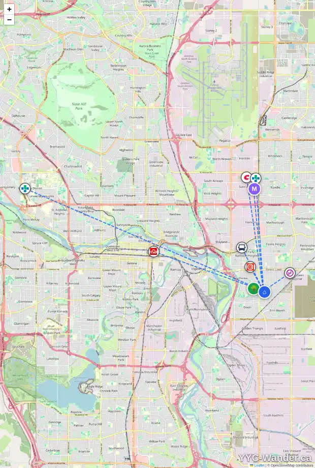 Daily accessibility map for 7 DOVERDALE ME SE, Calgary showing nearby schools, grocery stores, parks, LRT stations and nearby amenities