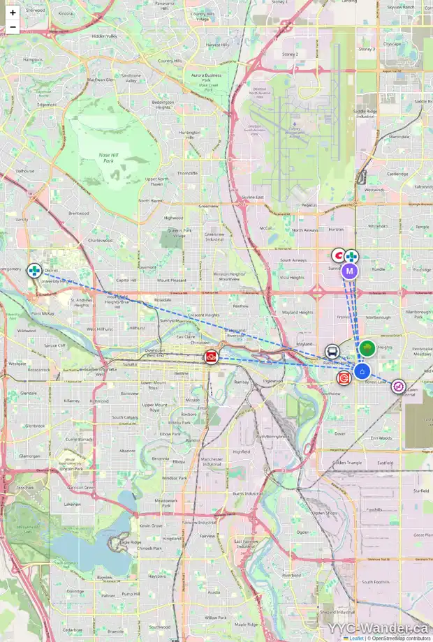 Daily accessibility map for 1321 38 ST SE, Calgary showing nearby schools, grocery stores, parks, LRT stations and nearby amenities