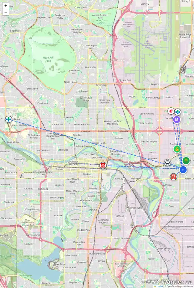 Daily accessibility map for 1109 38 ST SE, Calgary showing nearby schools, grocery stores, parks, LRT stations and nearby amenities