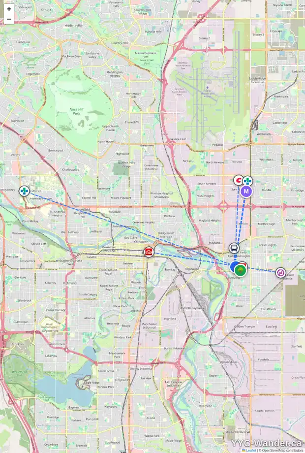 Daily accessibility map for 1603 28 ST SE, Calgary showing nearby schools, grocery stores, parks, LRT stations and nearby amenities