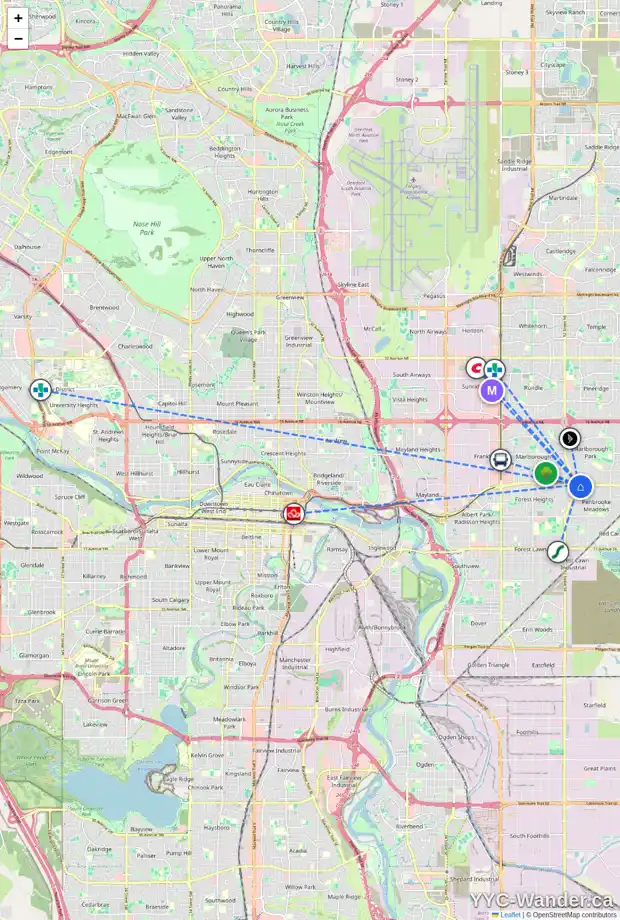 Daily accessibility map for 5411 1 AV SE, Calgary showing nearby schools, grocery stores, parks, LRT stations and nearby amenities