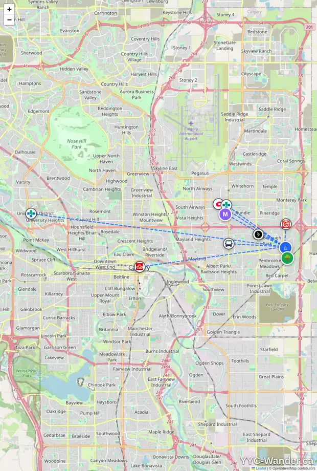 Daily accessibility map for 332 ABINGER CR NE, Calgary showing nearby schools, grocery stores, parks, LRT stations and nearby amenities