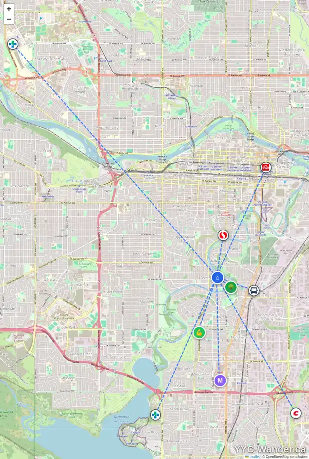 Daily accessibility map for 317 37 AV SW, Calgary showing nearby schools, grocery stores, parks, LRT stations and nearby amenities