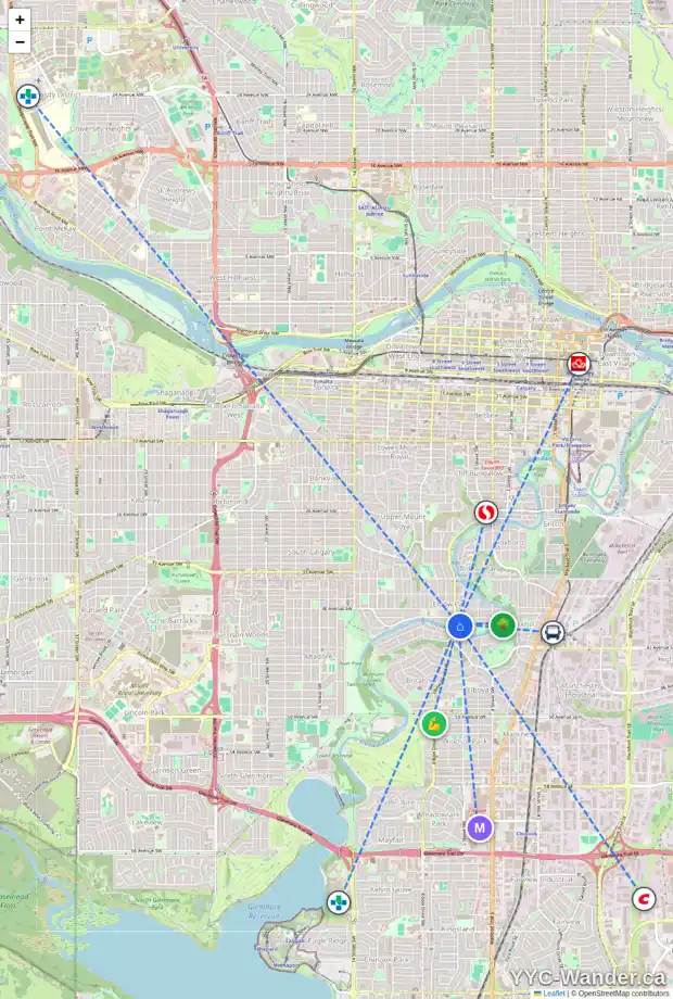 Daily accessibility map for 412 40 AV SW, Calgary showing nearby schools, grocery stores, parks, LRT stations and nearby amenities