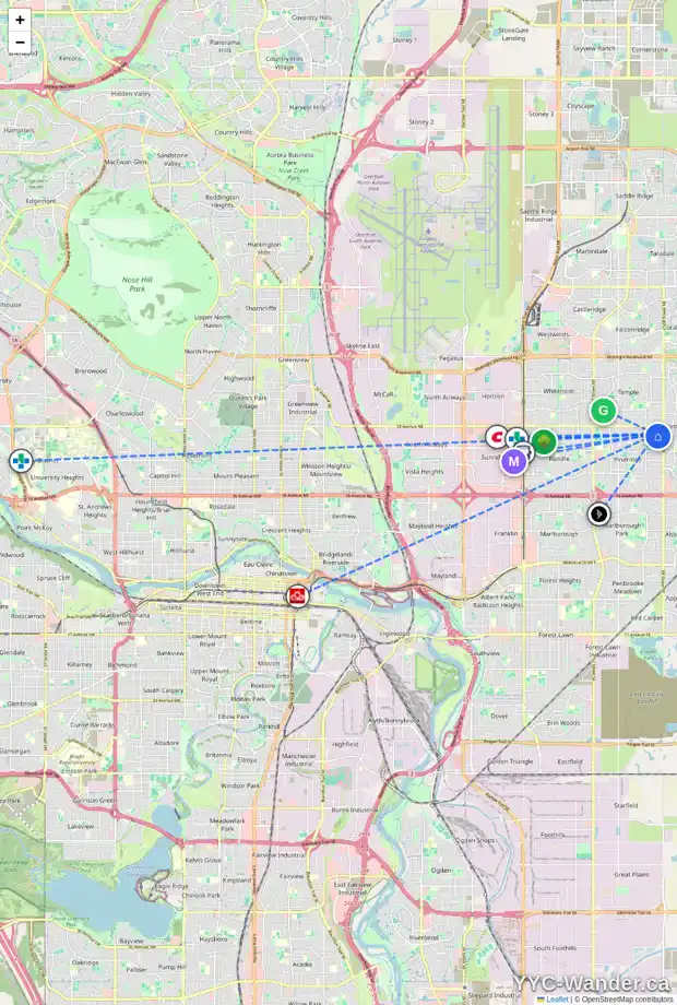 Daily accessibility map for 767 PINECLIFF RD NE, Calgary showing nearby schools, grocery stores, parks, LRT stations and nearby amenities