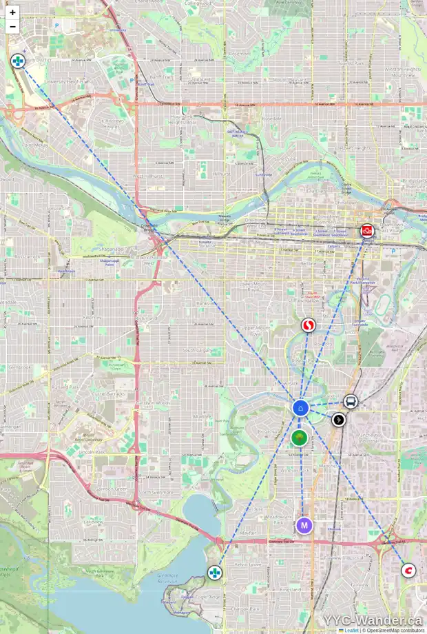 Daily accessibility map for 501 RIVERDALE AV SW, Calgary showing nearby schools, grocery stores, parks, LRT stations and nearby amenities