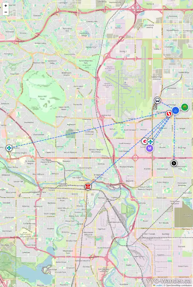 Daily accessibility map for 1027 FALWORTH RD NE, Calgary showing nearby schools, grocery stores, parks, LRT stations and nearby amenities