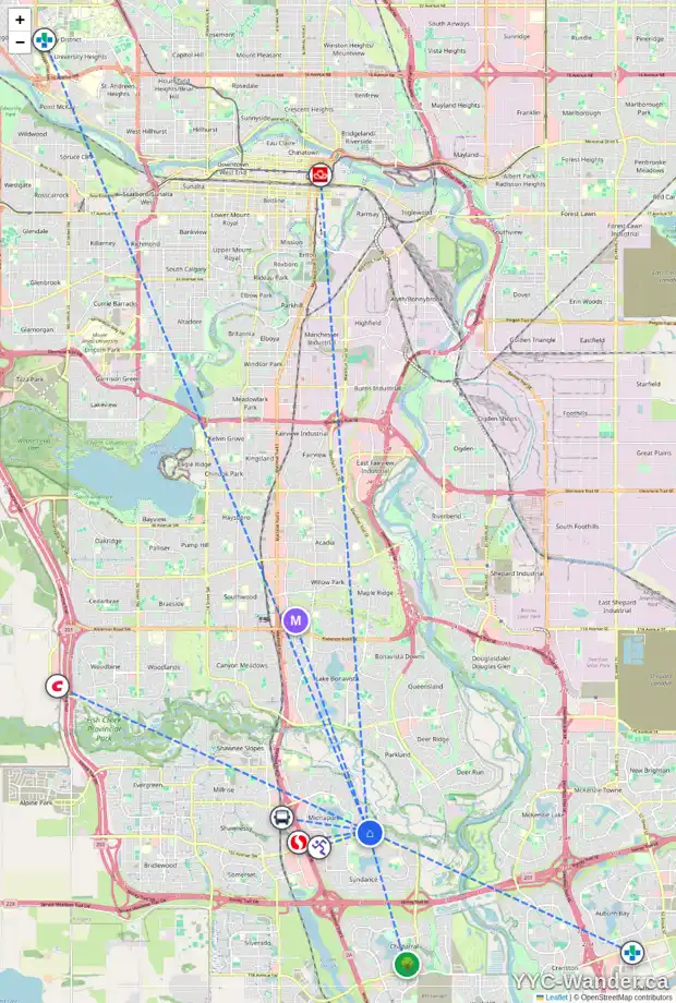 Daily accessibility map for 19 SUNMOUNT CR SE, Calgary showing nearby schools, grocery stores, parks, LRT stations and nearby amenities