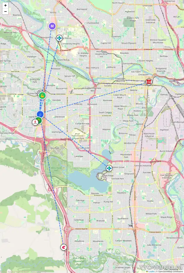 Daily accessibility map for 2868 SIGNAL HILL DR SW, Calgary showing nearby schools, grocery stores, parks, LRT stations and nearby amenities