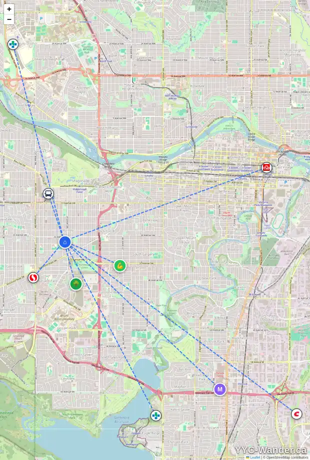 Daily accessibility map for 2828 30 ST SW, Calgary showing nearby schools, grocery stores, parks, LRT stations and nearby amenities