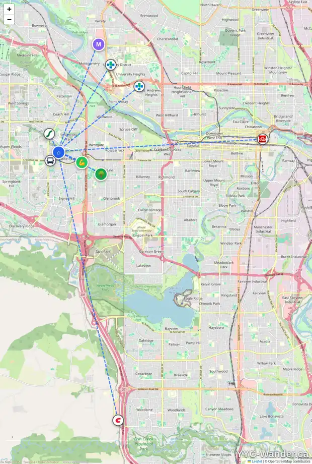 Daily accessibility map for 10 CHRISTIE ESTATE GD SW, Calgary showing nearby schools, grocery stores, parks, LRT stations and nearby amenities