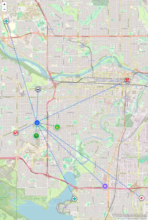 Daily accessibility map for 3228 27 ST SW, Calgary showing nearby schools, grocery stores, parks, LRT stations and nearby amenities