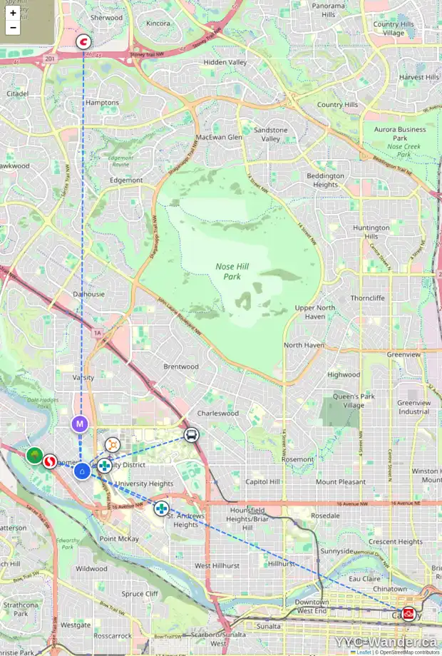 Daily accessibility map for 4615 21 AV NW, Calgary showing nearby schools, grocery stores, parks, LRT stations and nearby amenities