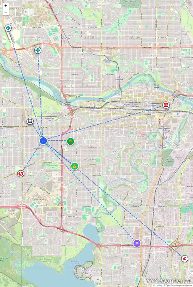 Daily accessibility map for 2402 29 ST SW, Calgary showing nearby schools, grocery stores, parks, LRT stations and nearby amenities
