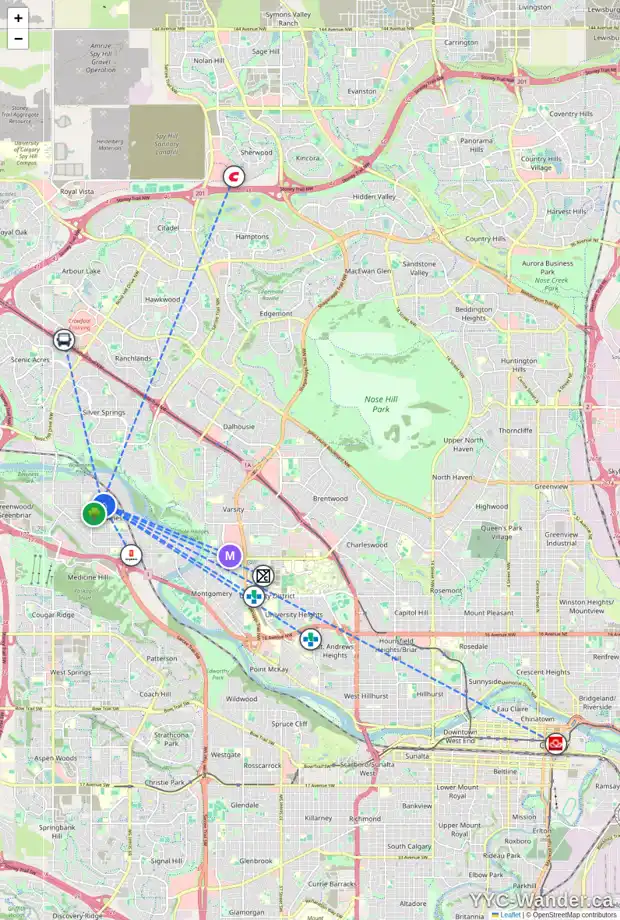 Daily accessibility map for 4539 72 ST NW, Calgary showing nearby schools, grocery stores, parks, LRT stations and nearby amenities
