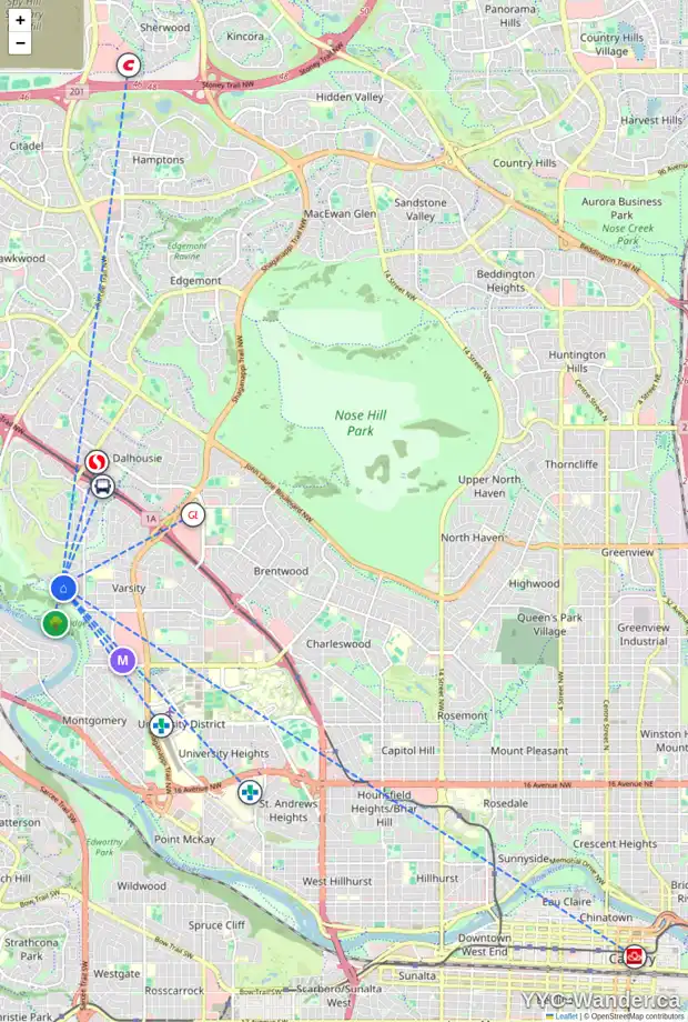Daily accessibility map for 319 VARSITY CL NW, Calgary showing nearby schools, grocery stores, parks, LRT stations and nearby amenities