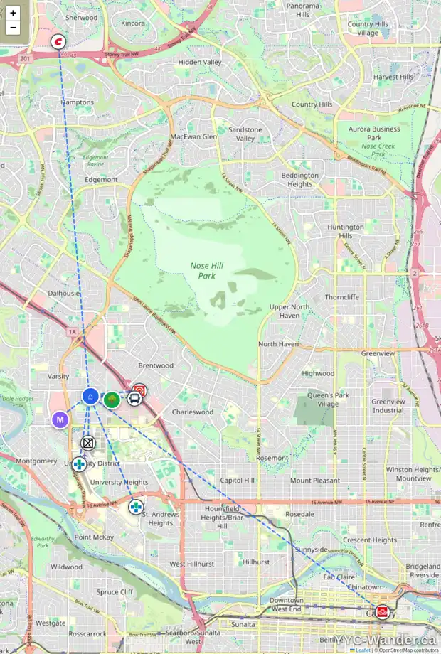 Daily accessibility map for 18 VARSLEA PL NW, Calgary showing nearby schools, grocery stores, parks, LRT stations and nearby amenities