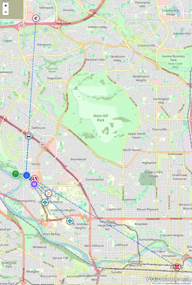 Daily accessibility map for 6 VARSCLIFF PL NW, Calgary showing nearby schools, grocery stores, parks, LRT stations and nearby amenities