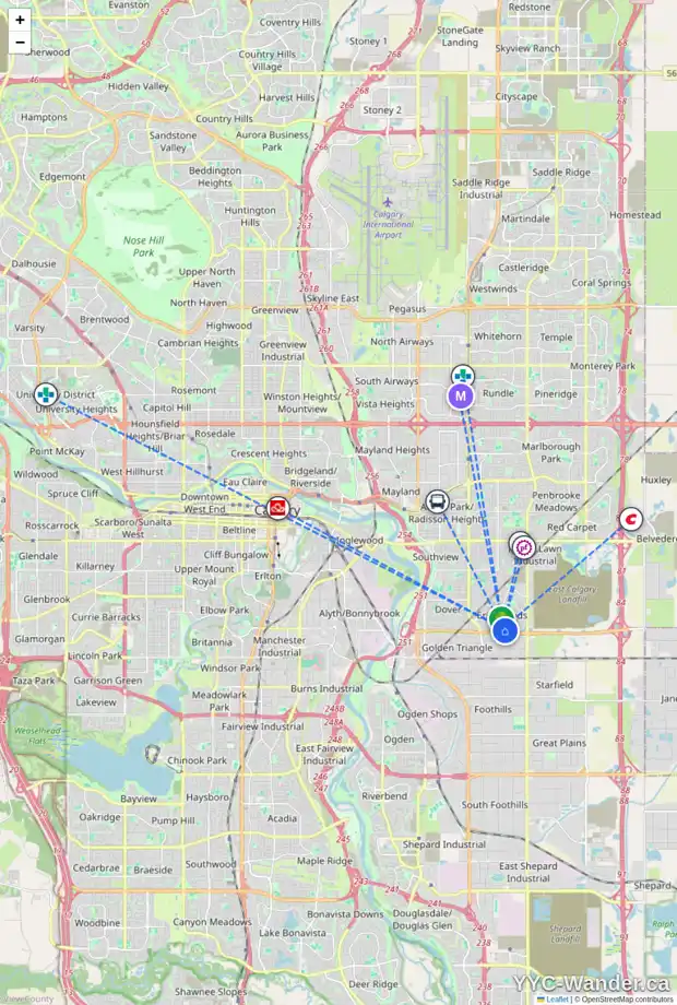 Daily accessibility map for 82 ERIN RD SE, Calgary showing nearby schools, grocery stores, parks, LRT stations and nearby amenities
